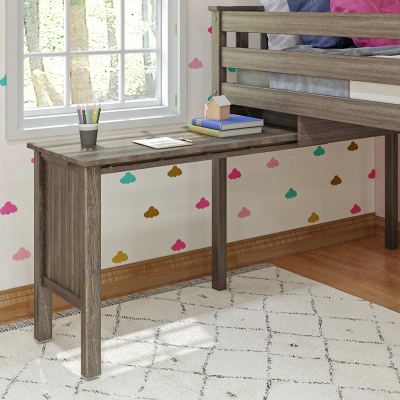 Children's wooden loft bed with built-in desk and study nook beside a sunny window, pencils, books and colorful cloud wall decals