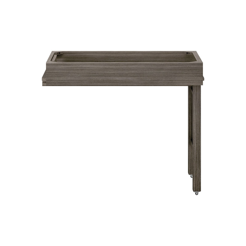 Weathered gray wood rectangular desk tabletop with raised lip and right-side support leg detail