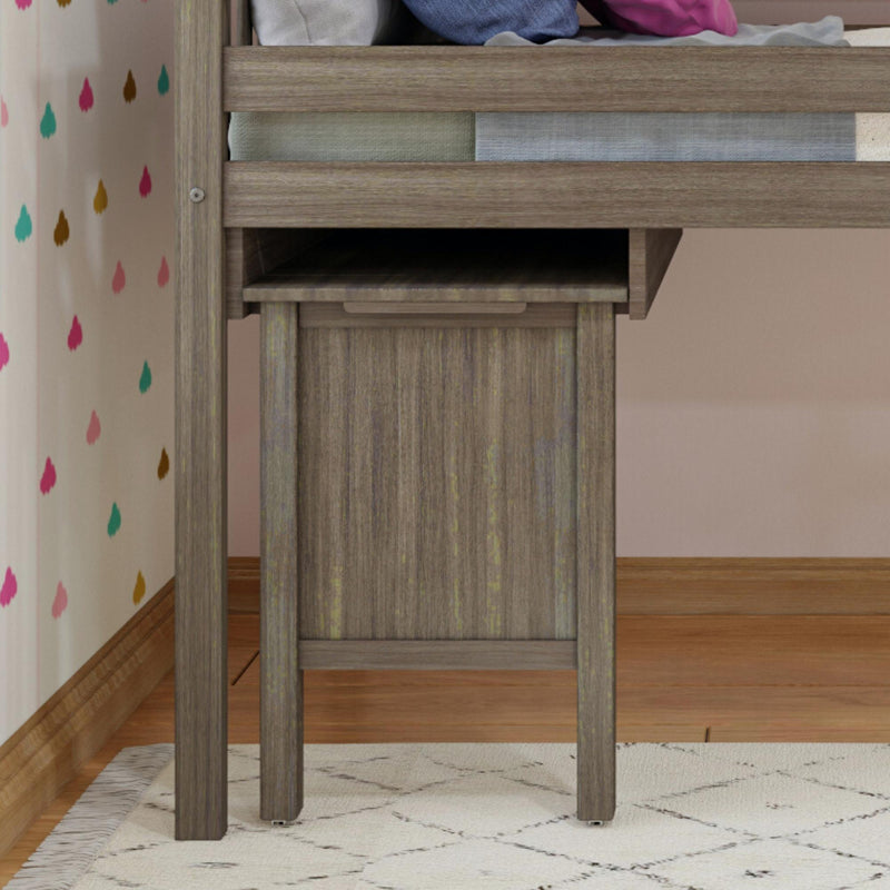 Close-up of gray-washed wooden loft bed frame with pull-out storage shelf and legs in a children's bedroom with colorful teardrop wallpaper and patterned rug