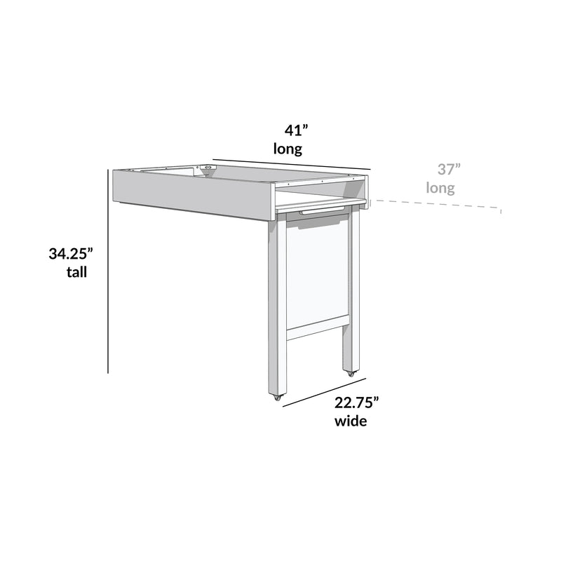 Kitchen island cart with overhang top, storage drawer and casters, dimension diagram 41 in long x 22.75 in wide x 34.25 in tall
