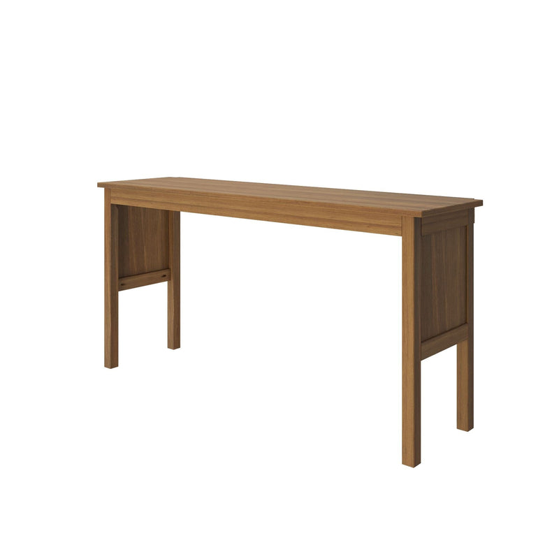 Narrow solid wood console table in natural oak finish with rectangular top and panel legs — modern farmhouse entryway table on white background