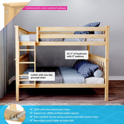 Solid New Zealand pine twin-over-twin bunk bed with built-in ladder and grooved non-slip steps, slats included (no box spring), 400 lb support bar, natural finish, blue bedding