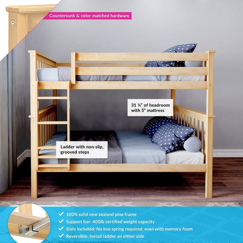 Solid New Zealand pine twin-over-twin bunk bed with built-in ladder and grooved non-slip steps, slats included (no box spring), 400 lb support bar, natural finish, blue bedding