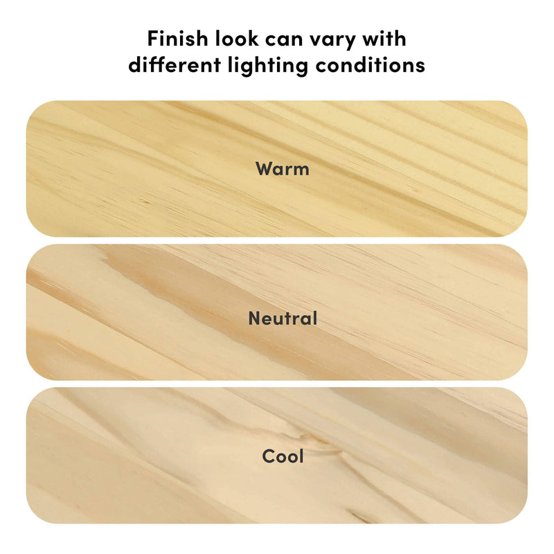 Three horizontal pine wood finish samples labeled Warm, Neutral and Cool illustrating how different lighting conditions change wood color and visible grain appearance