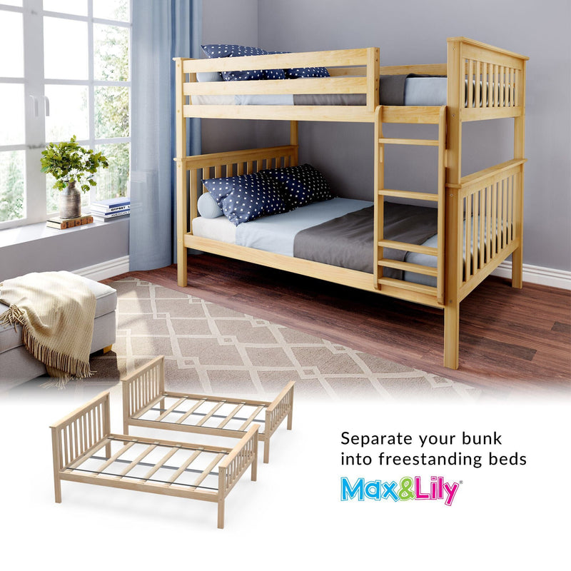 Max & Lily convertible natural wood twin-over-twin bunk bed with ladder and blue bedding in kids' bedroom, separates into two freestanding beds
