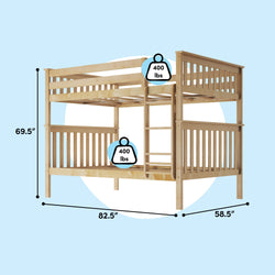 Solid pine twin-over-full bunk bed with ladder and slatted guardrails, natural finish, 69.5 in H × 82.5 in L × 58.5 in W, 400 lb weight limit per bunk