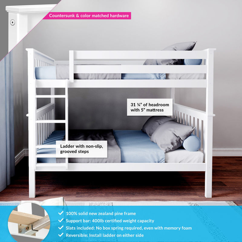 White solid New Zealand pine twin-over-twin bunk bed with reversible ladder and non-slip grooved steps, 400 lb support bar, slats no box spring required