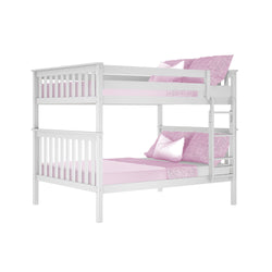 White wooden twin-over-full bunk bed with pink sheets, pillows and ladder, slatted guardrails — modern kids' bedroom furniture