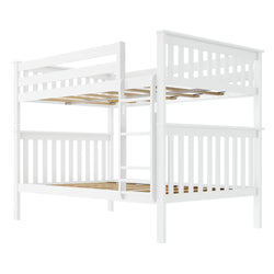 White wooden bunk bed with center ladder, slatted headboards and safety guardrails, space-saving kids' bedroom furniture