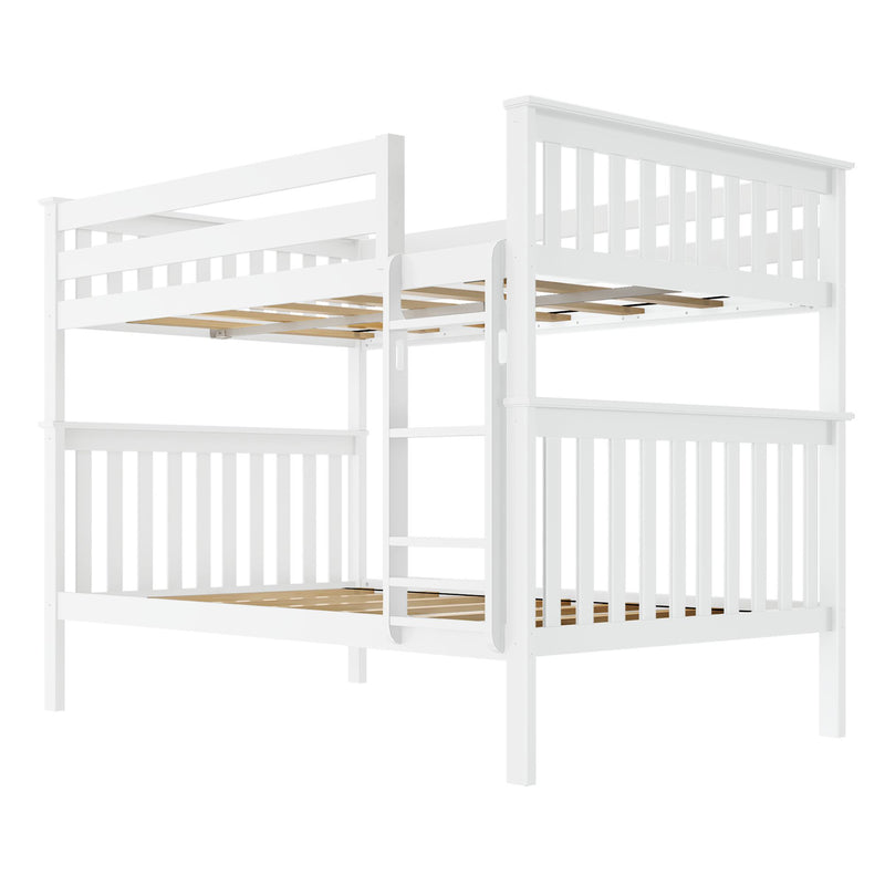 White wooden bunk bed with center ladder, slatted headboards and safety guardrails, space-saving kids' bedroom furniture