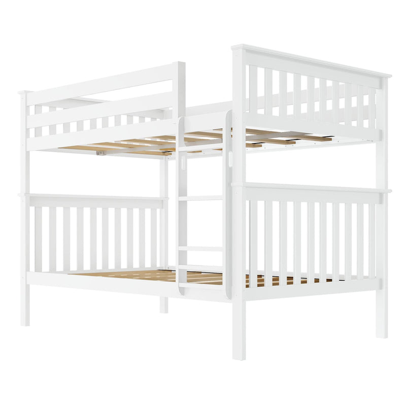 White wooden twin-over-twin bunk bed with integrated ladder, slatted guardrails and wooden slats, modern kids' bedroom furniture