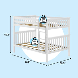 White twin-over-twin bunk bed with ladder and slatted guardrails, space-saving kids/teen bedroom solution, 400 lb weight capacity per bed, overall dimensions 82.5" L x 58.5" W x 69.5" H.