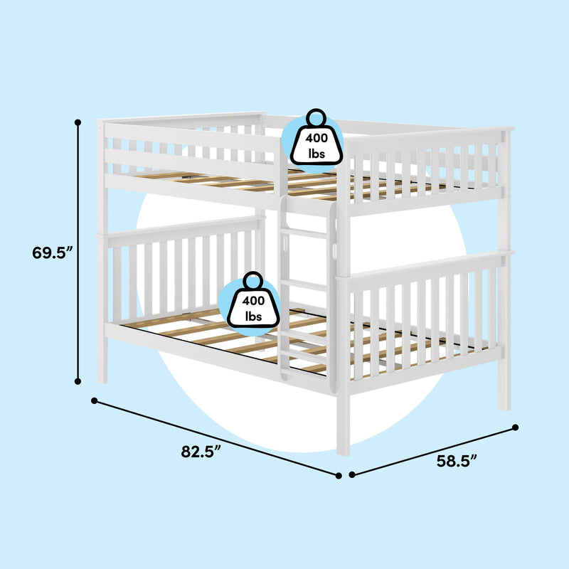 White twin-over-twin bunk bed with ladder and slatted guardrails, space-saving kids/teen bedroom solution, 400 lb weight capacity per bed, overall dimensions 82.5" L x 58.5" W x 69.5" H.