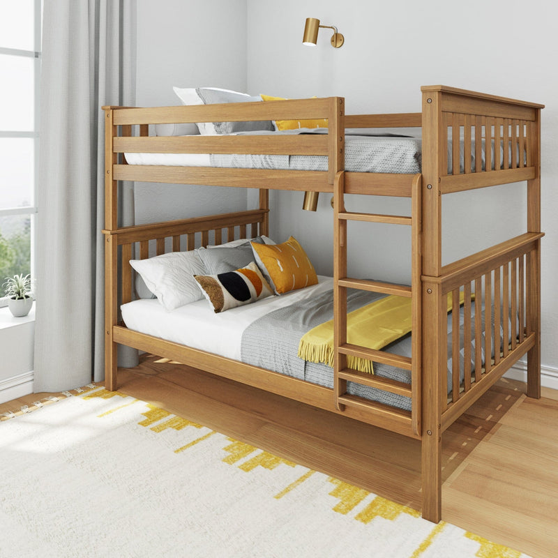 Modern natural wood bunk bed with ladder and safety rails, grey and yellow bedding in a bright kids' bedroom — space-saving wooden bunk beds for small rooms