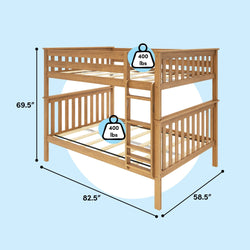 Natural wood twin-over-full bunk bed with side ladder and slatted rails, 400 lb weight capacity per bunk, dimensions 82.5" L × 58.5" W × 69.5" H, light blue background