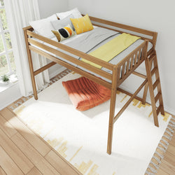 Wooden loft bed with ladder and safety rails in a bright, space-saving modern bedroom — gray and yellow bedding, decorative pillows, orange floor cushion, white tassel rug, hardwood floors and natural window light