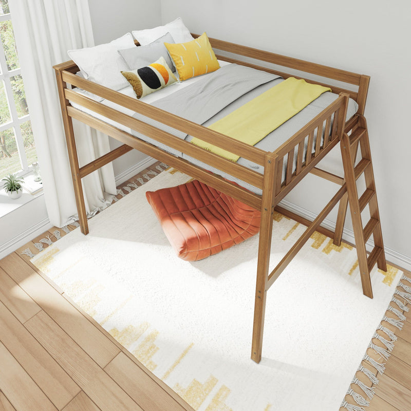 Wooden loft bed with ladder and safety rails in a bright, space-saving modern bedroom — gray and yellow bedding, decorative pillows, orange floor cushion, white tassel rug, hardwood floors and natural window light
