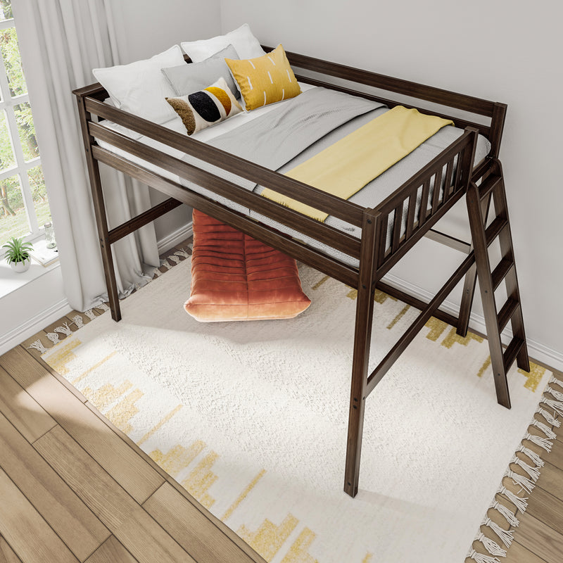 Modern dark wood loft bed with ladder, gray bedding, yellow throw and decorative pillows on top, cozy rug and sunlit window with white curtains