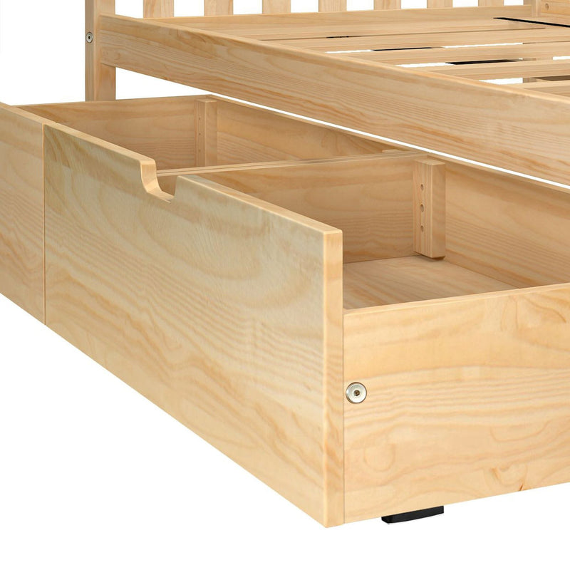 Natural pine wood underbed storage drawer with divided compartments for bedroom organization and built-in bed frame storage solution
