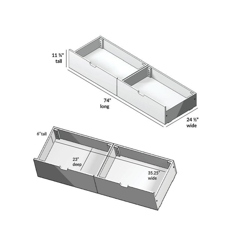CAD-style assembly diagram of modular storage drawer boxes with cutout pulls and interior dividers, labeled dimensions 74 in long, 24.5 in wide, 11.75 in tall and 23 in deep for under-bed or closet storage