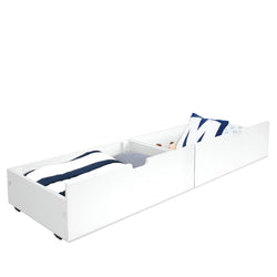 White under bed storage drawer with pillows and blankets for bedroom organization.