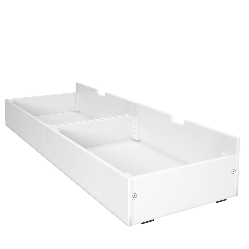 White pull-out underbed storage drawer organizer with dividers, wooden construction for storing clothes, linens, and bedroom accessories