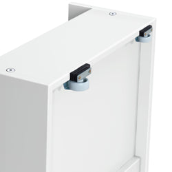 White metal cabinet with wheels for easy mobility and storage solutions.