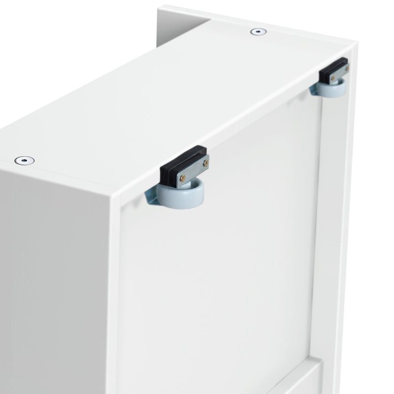 Close-up of a white storage cabinet underside showing metal mounting brackets and light-gray plastic swivel caster wheels
