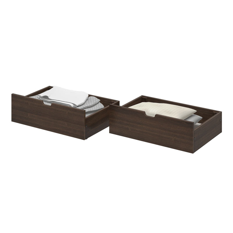 Set of two dark brown wooden underbed storage drawers with slide-out handles holding pillows and folded linens, space-saving bedroom organization and linen storage.
