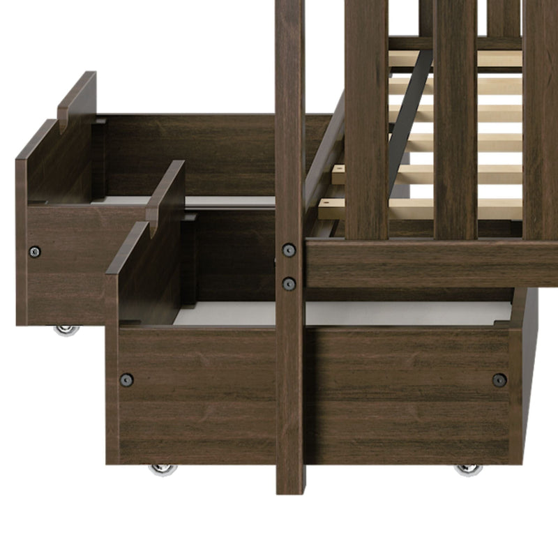 Dark brown wooden platform bed frame with slatted mattress support and pull-out underbed storage drawers on casters, space-saving bedroom furniture