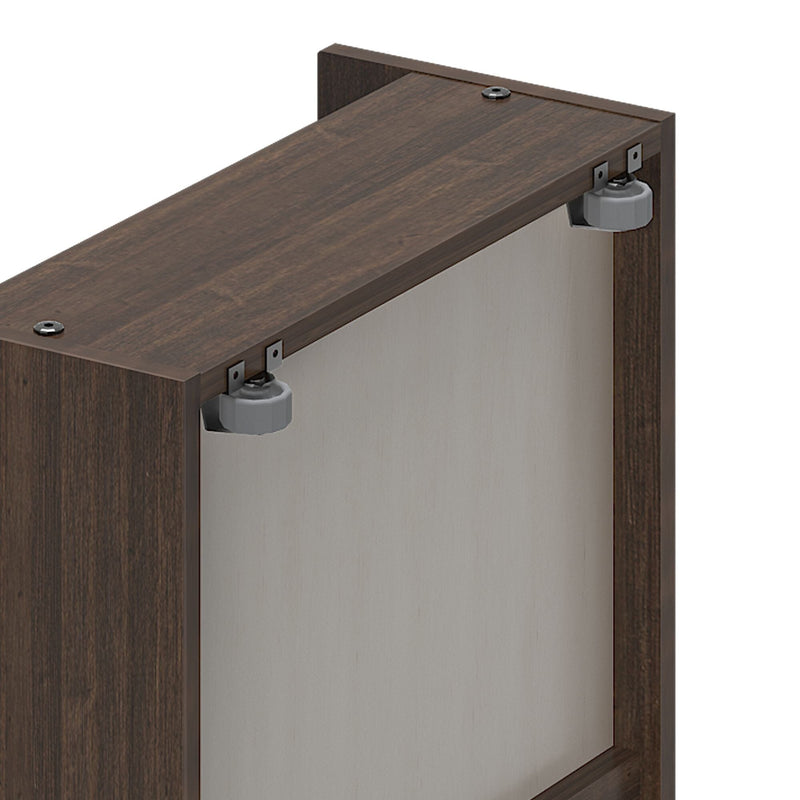 Underside of dark walnut wooden cabinet showing two gray adjustable plastic roller glides with metal brackets — furniture hardware close-up