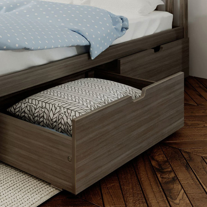 Gray wood-finish platform bed with pull-out underbed storage drawer storing folded patterned bedding and blue polka-dot duvet