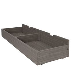 Underbed storage drawer in wood finish for space-saving bedroom organization.