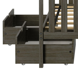 Wooden storage bed frame with two open drawers for bedroom organization.
