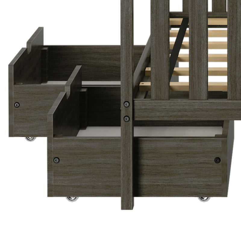 Dark gray wood platform bed frame with slatted mattress support and pull-out underbed storage drawers on caster wheels