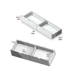 Diagram of a rectangular storage box with dimensions: 74 inches long, 24.5 inches wide, 11.75 inches tall, and interior sections measuring 6 inches tall and 23 inches deep.