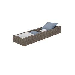 Wooden storage bed with cushion and bedding, modern multi-functional furniture.
