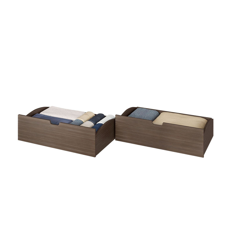 Wooden under-bed storage drawers (set of 2) in walnut finish filled with folded blankets and linens for bedroom organization
