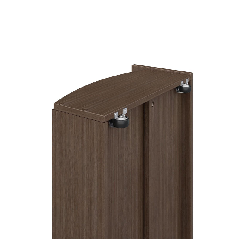 Dark brown wood sliding wardrobe door top with metal roller hardware and curved panel for closet