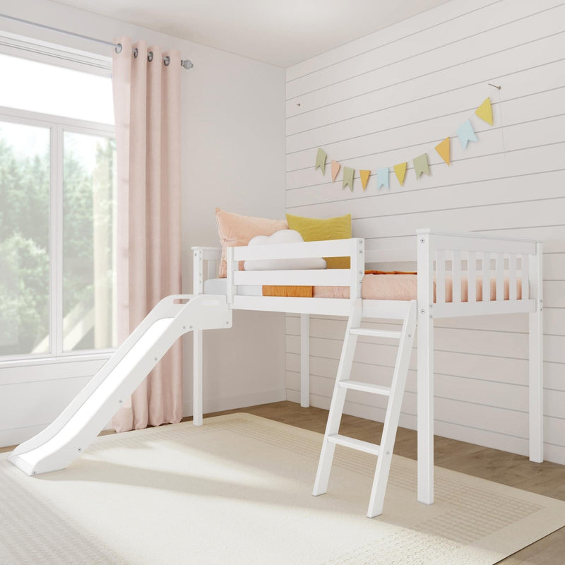 White wooden loft bed with slide in bright kids' bedroom with pastel pillows, pink curtains, shiplap wall and colorful bunting
