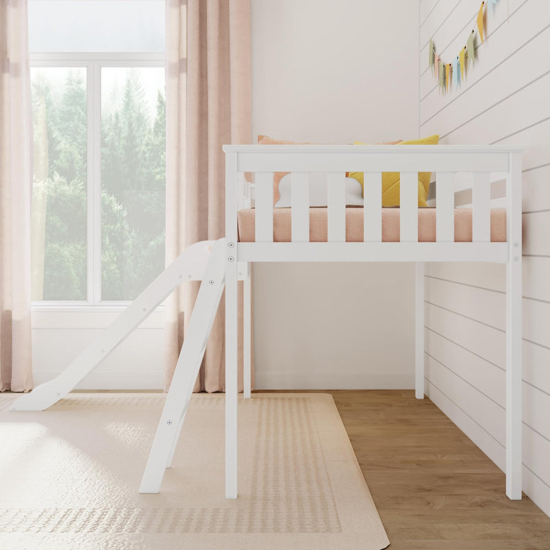 White wooden loft bed with slide in pastel pink nursery, yellow pillows and wall bunting by large window with natural light