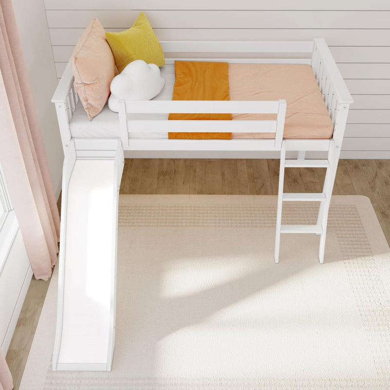 White kids loft bed with slide and ladder in pastel nursery, cloud-shaped pillow and pink and mustard cushions on beige bedding