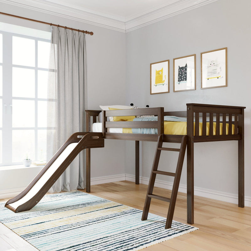 Children's loft bed with slide, wooden design in a modern kids' room.