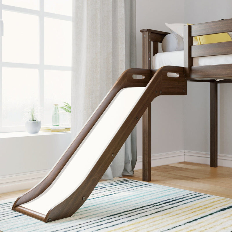 Wooden loft bed with slide in a bright, modern bedroom featuring a striped rug.