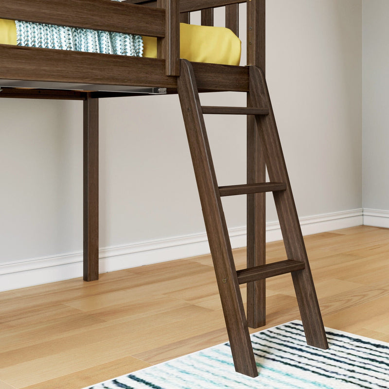 Wooden bunk bed ladder on hardwood floor with yellow bedding and striped rug.