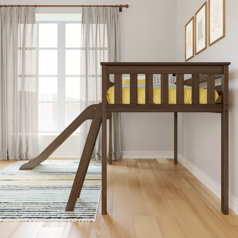 Wooden loft bed with slide and yellow bedding in a bright children's room with hardwood floor and curtain-covered window.