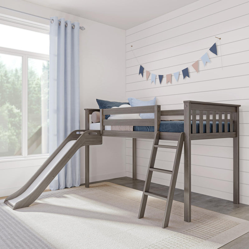 Gray wooden kids loft bed with slide in bright blue and white nursery, large window with light blue curtains, shiplap wall and pastel bunting garland