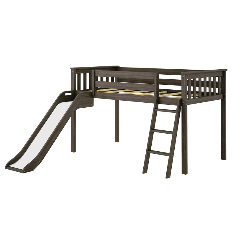 Dark espresso wooden twin loft bed with ladder and slide, kids bunk-style loft frame with safety rails and slatted mattress support