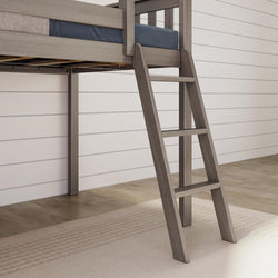 Wooden ladder attached to a gray loft bed in a modern bedroom setting.