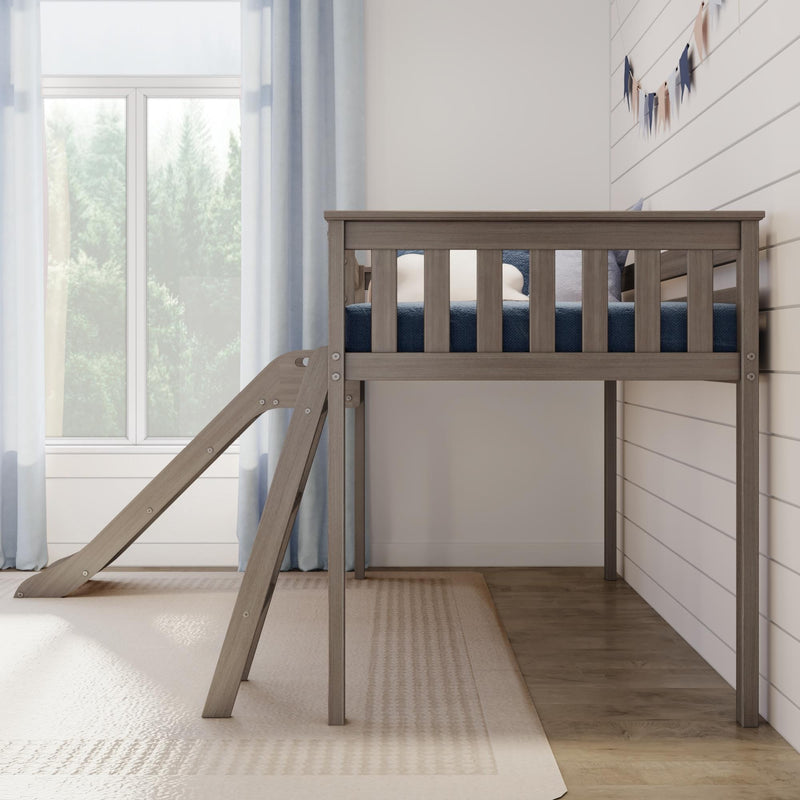 Neutral nursery with wooden kids' loft bed and slide, navy bedding, white shiplap wall and large window with sheer curtains